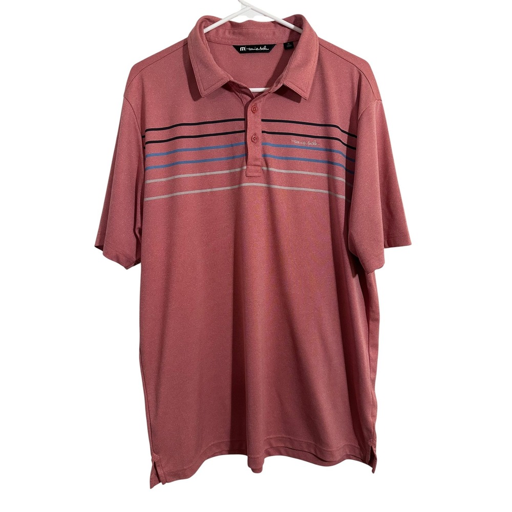 TravisMathew Mens XL Polo Shirt Coral Pink Striped Short Sleeve Golf Top